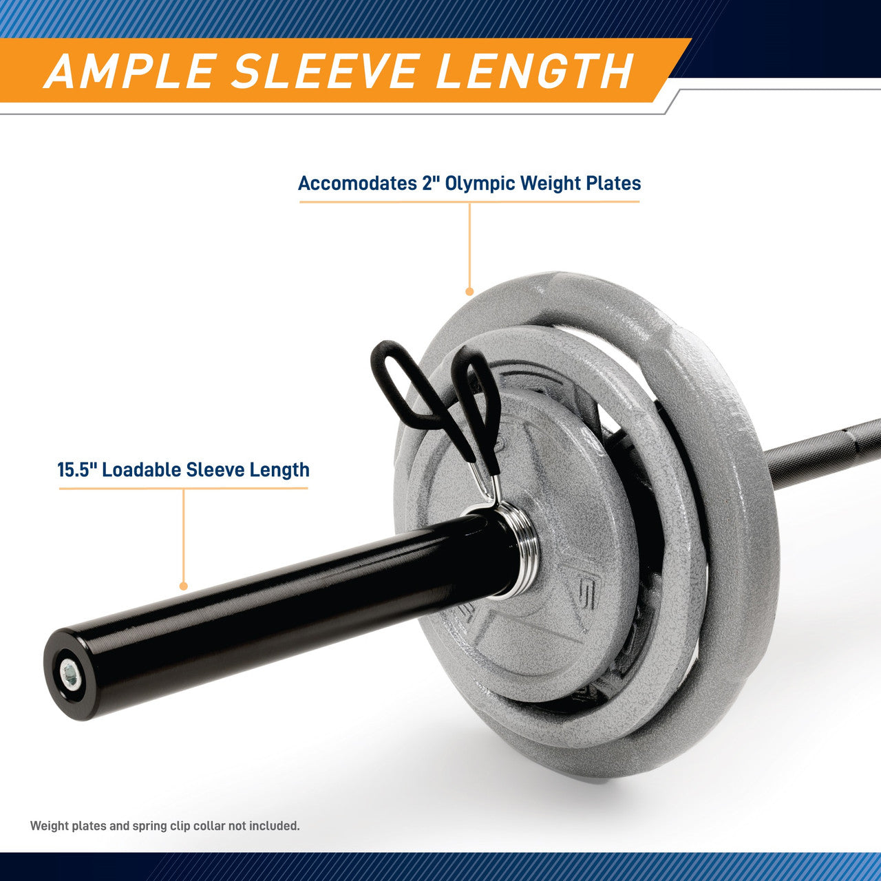 7ft Olympic Barbell 30lbs with 15.5 inch Loadable Sleeves  Marcy TRB-84 - Infographic - Ample Sleeve Length