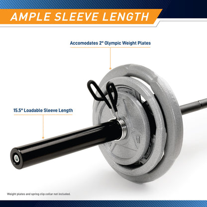 7ft Olympic Barbell 30lbs with 15.5 inch Loadable Sleeves  Marcy TRB-84 - Infographic - Ample Sleeve Length