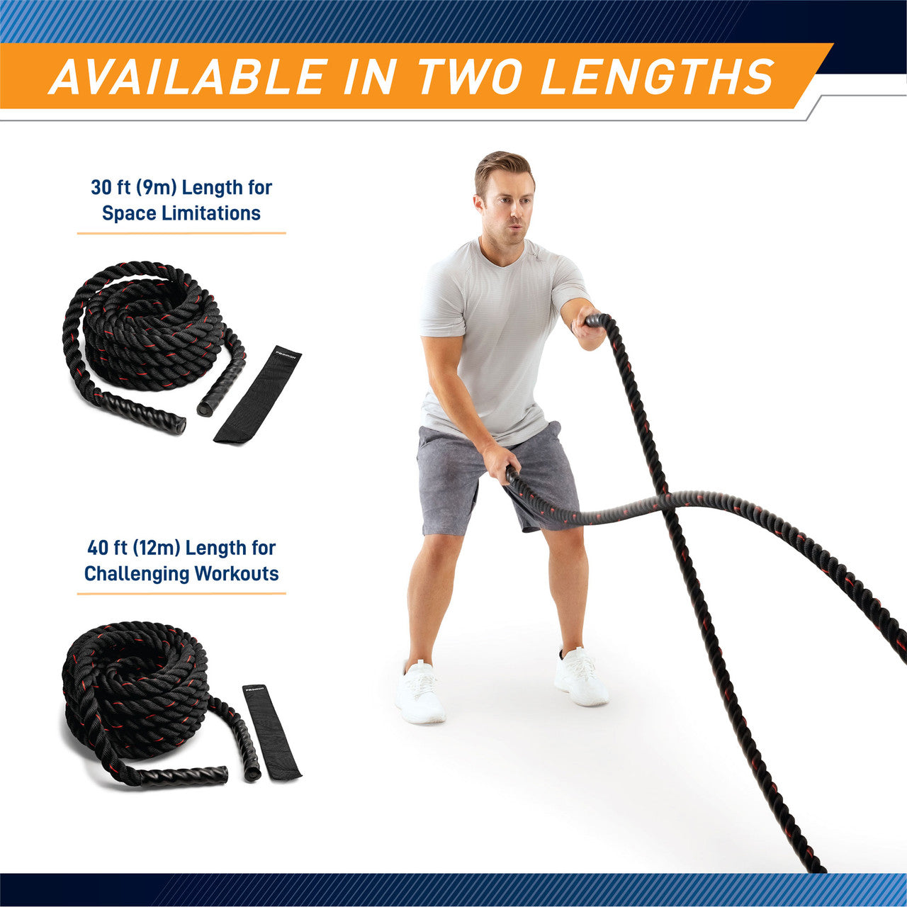 9 M (30 ft) Battle Ropes 38mm (1.5 Inch) Diamater Heavy Exercise Rope  ProIron PRO-ZS01-1 - Infographic - Available in Two Lengths