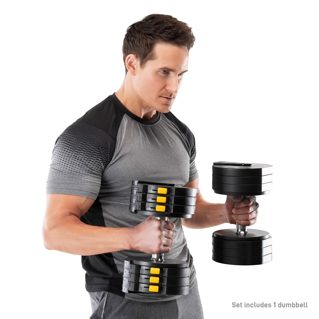 Adjustable Dumbbell System 6 Dumbbells-in-1 up to 50lbs ADDB-6198  Marcy - Model using Easy two dumbbells at once