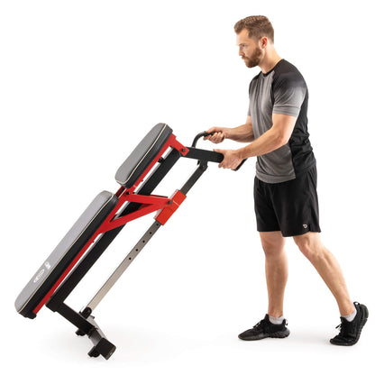 Adjustable Utility Bench with Chrome Sliding Track SB-5429 Marcy - Model utilizing transport wheels