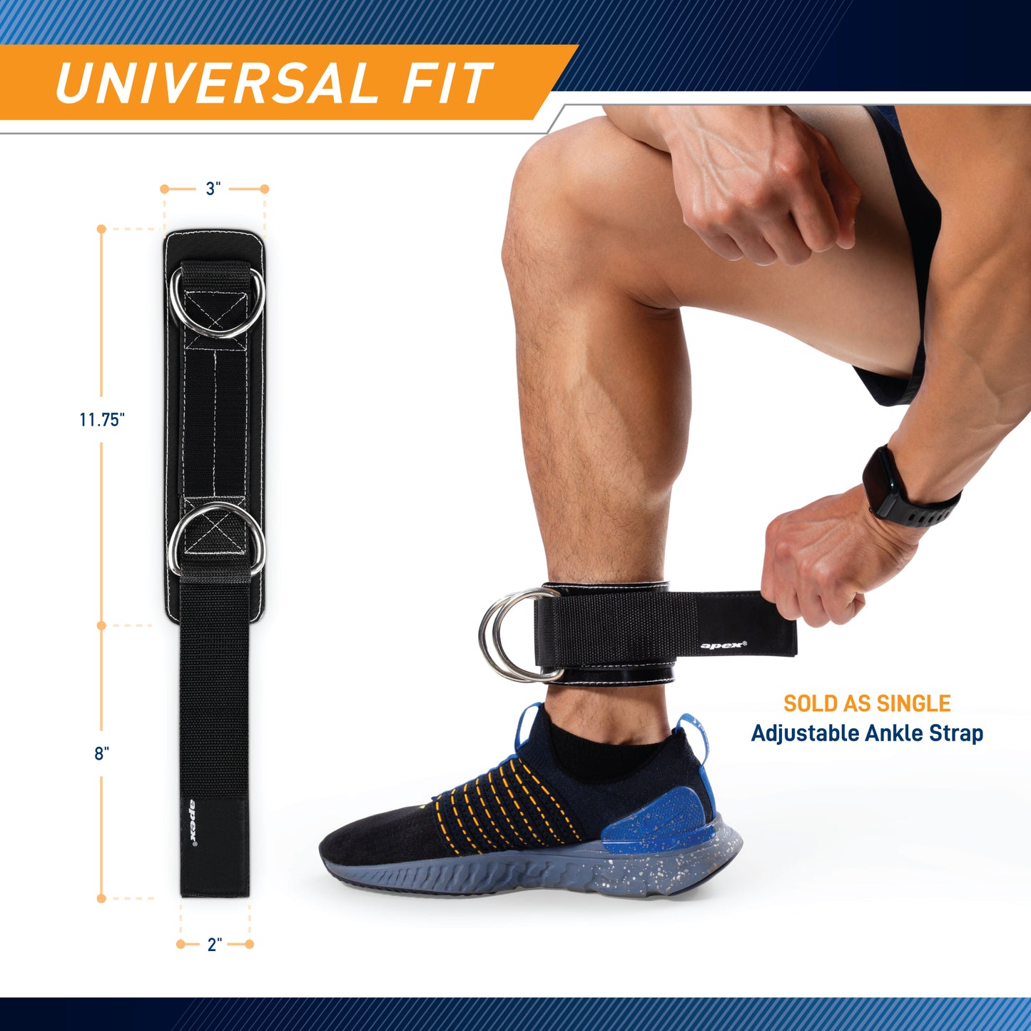 APEX Adjustable 3” Ankle Strap - Heavy Duty Padded Ankle Cuff with D-Rings for Cable Exercises and More | B5AS3
