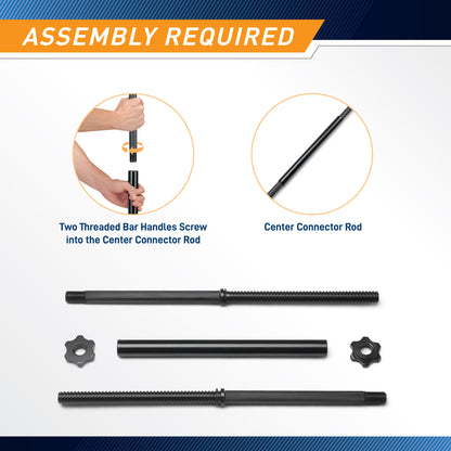 Black metal rod assembly with components and assembly instructions on a white background.