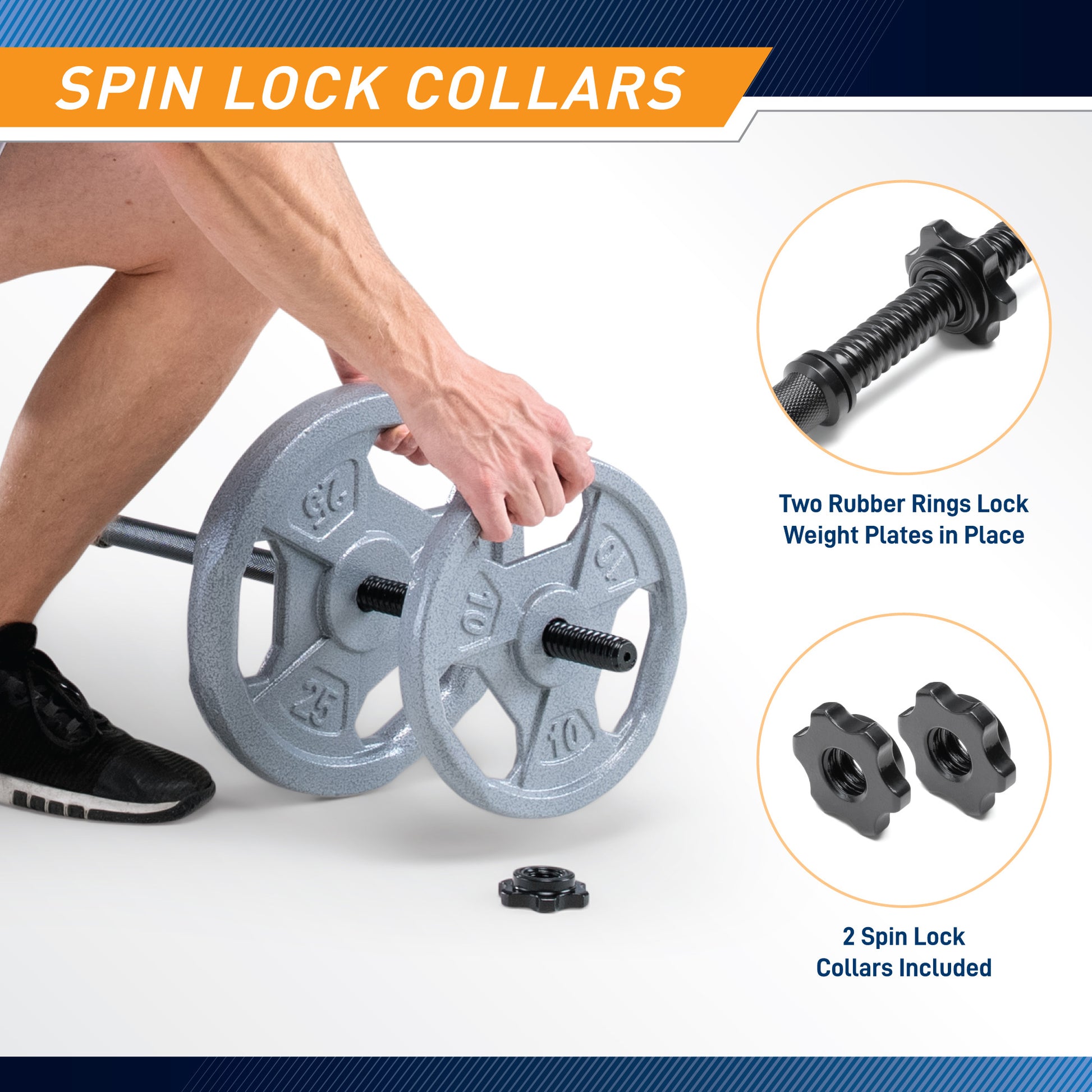 Weight plates with spin lock collars and a person holding them, featuring close-up images of the collars.