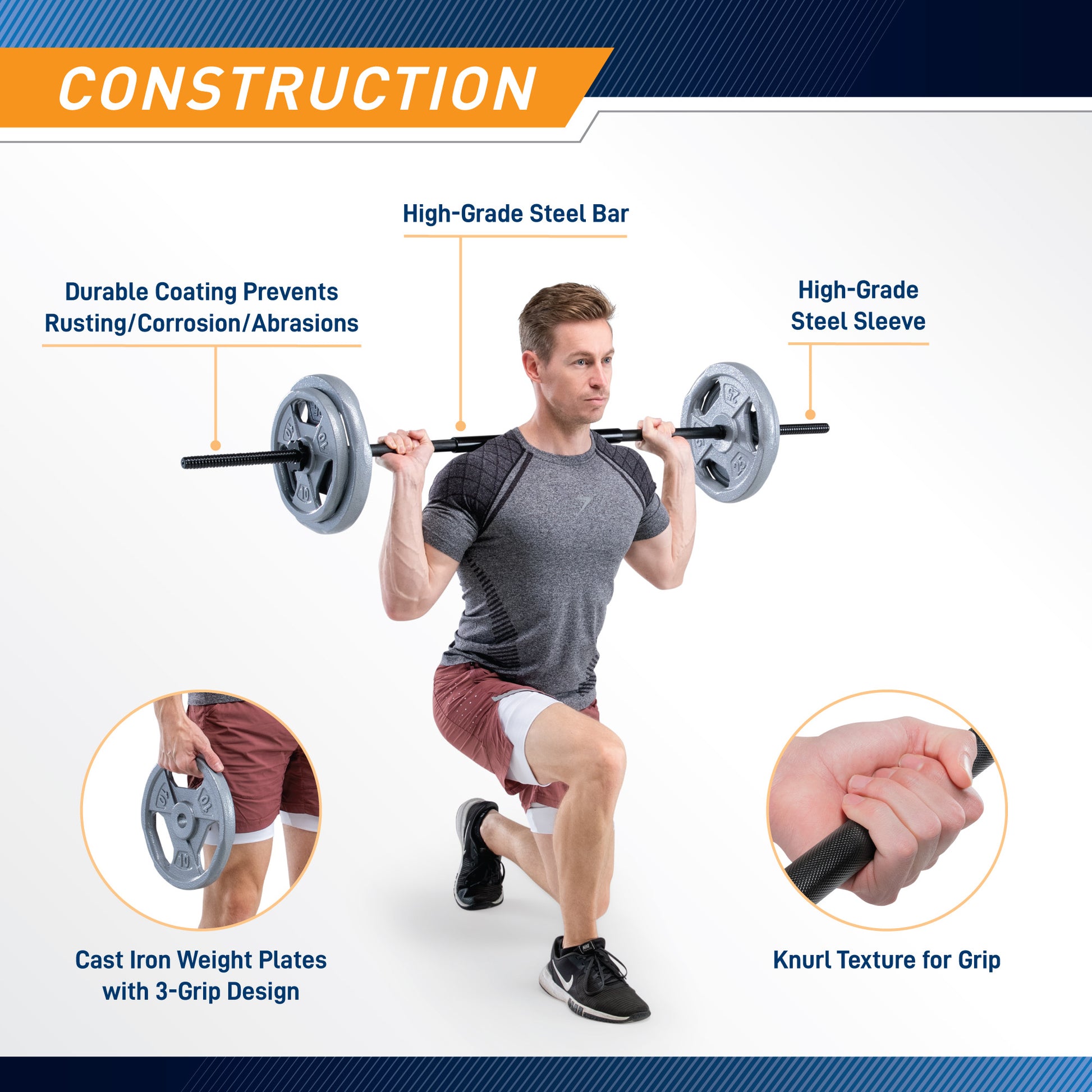 Man lifting a barbell with text highlighting construction features on a white background