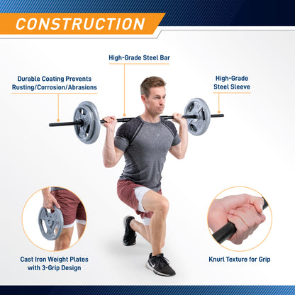 Man lifting a barbell with text highlighting construction features on a white background
