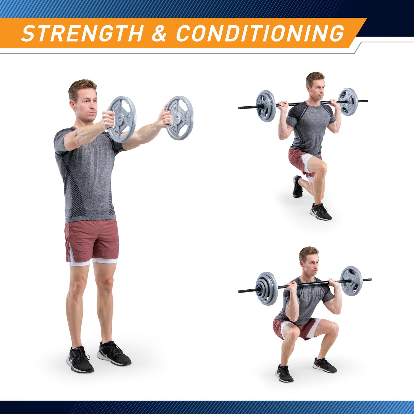 Man performing weightlifting exercises with a barbell on a white background, labeled 'Strength & Conditioning'.