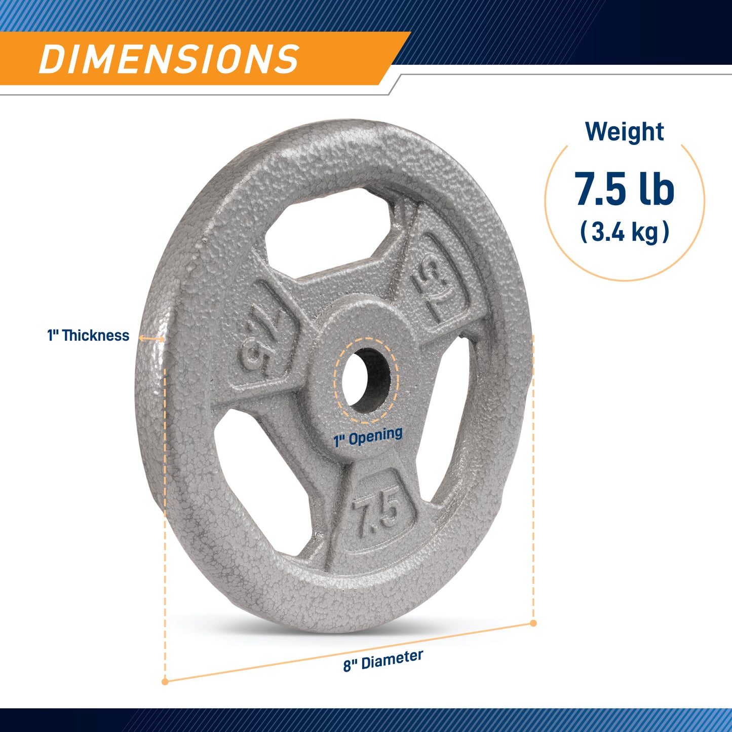 Dimensions infographic for a 7.5 lb (3.4 kg) Standard Size weight Grip Plate  displaying an 8-inch diameter, 1-inch thickness, and 1-inch center hole opening.