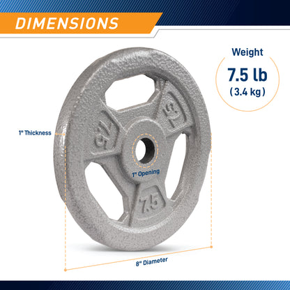 Dimensions infographic for a 7.5 lb (3.4 kg) Standard Size weight Grip Plate  displaying an 8-inch diameter, 1-inch thickness, and 1-inch center hole opening.