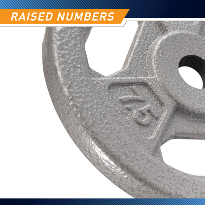 Graphic labeled "Raised Numbers" zooming in on the embossed 7.5 weight marking on the grey textured plate.