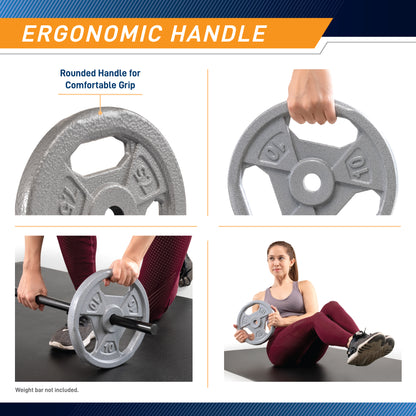 Infographic titled "Ergonomic Handle" featuring four panels: a close-up of the rounded grip, a hand carrying the plate, a person loading the plate onto a barbell, and a woman performing a Russian twist exercise. Note: Weight bar not included.