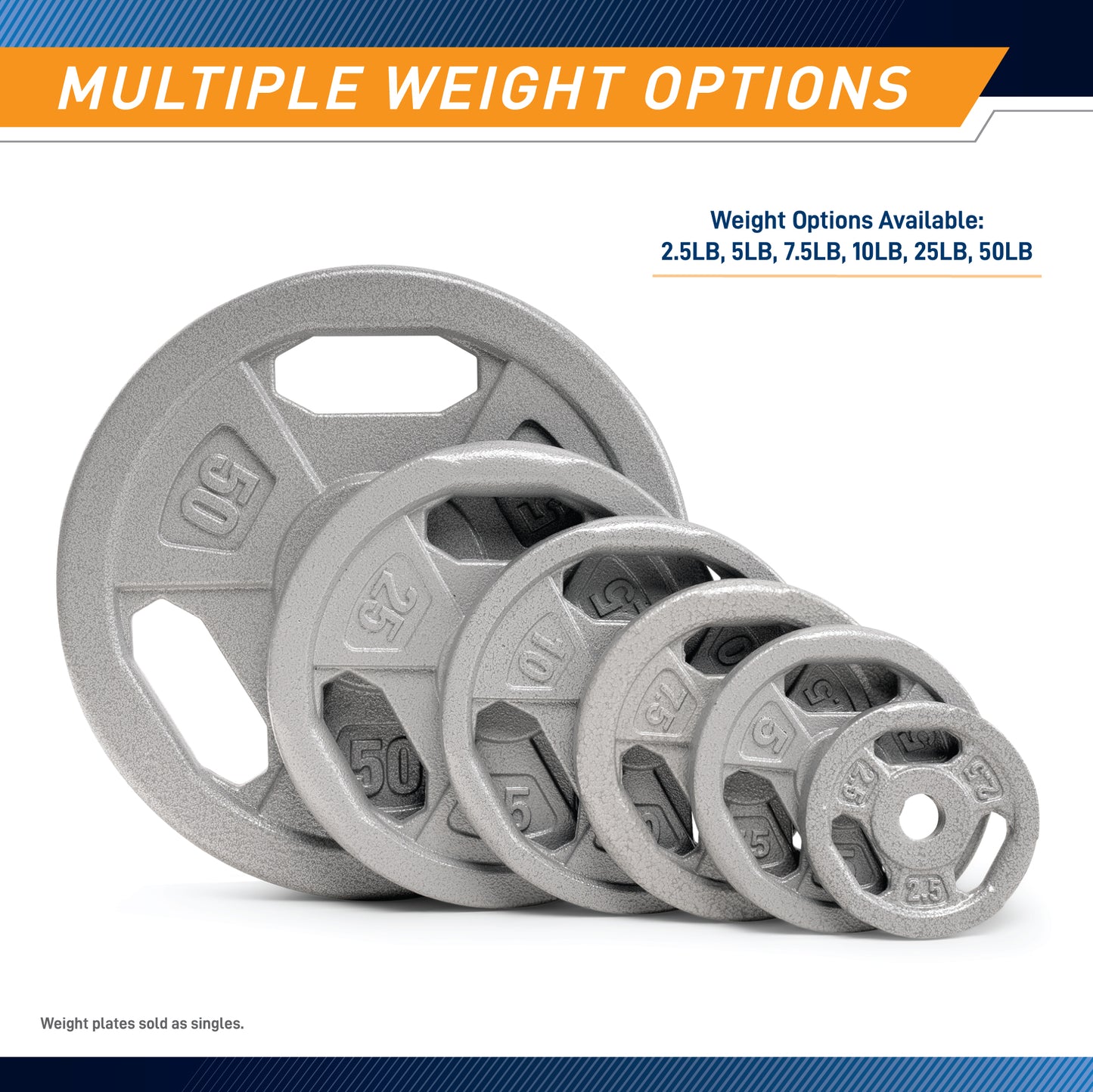 Infographic titled "Multiple Weight Options" showing a graduated stack of six weight plates. Text lists available sizes: 2.5LB, 5LB, 7.5LB, 10LB, 25LB, and 50LB. Note: Weight plates sold as singles.