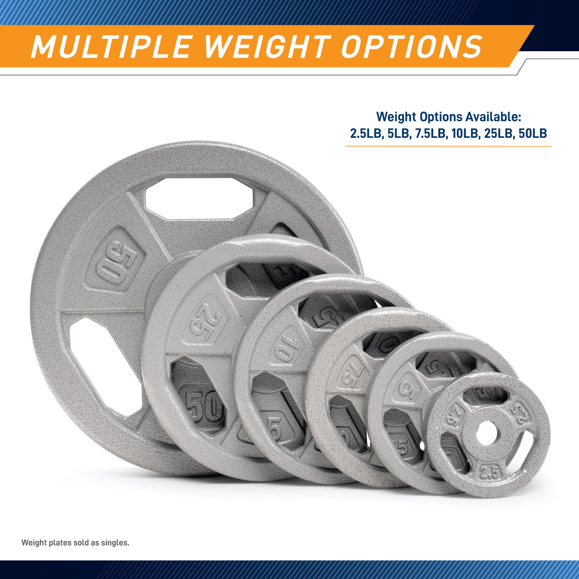 Infographic titled "Multiple Weight Options" showing a graduated stack of six weight plates. Text lists available sizes: 2.5LB, 5LB, 7.5LB, 10LB, 25LB, and 50LB. Note: Weight plates sold as singles.