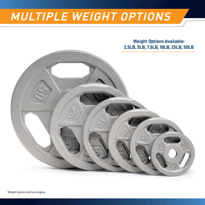 Infographic titled "Multiple Weight Options" showing a graduated stack of six weight plates. Text lists available sizes: 2.5LB, 5LB, 7.5LB, 10LB, 25LB, and 50LB. Note: Weight plates sold as singles.