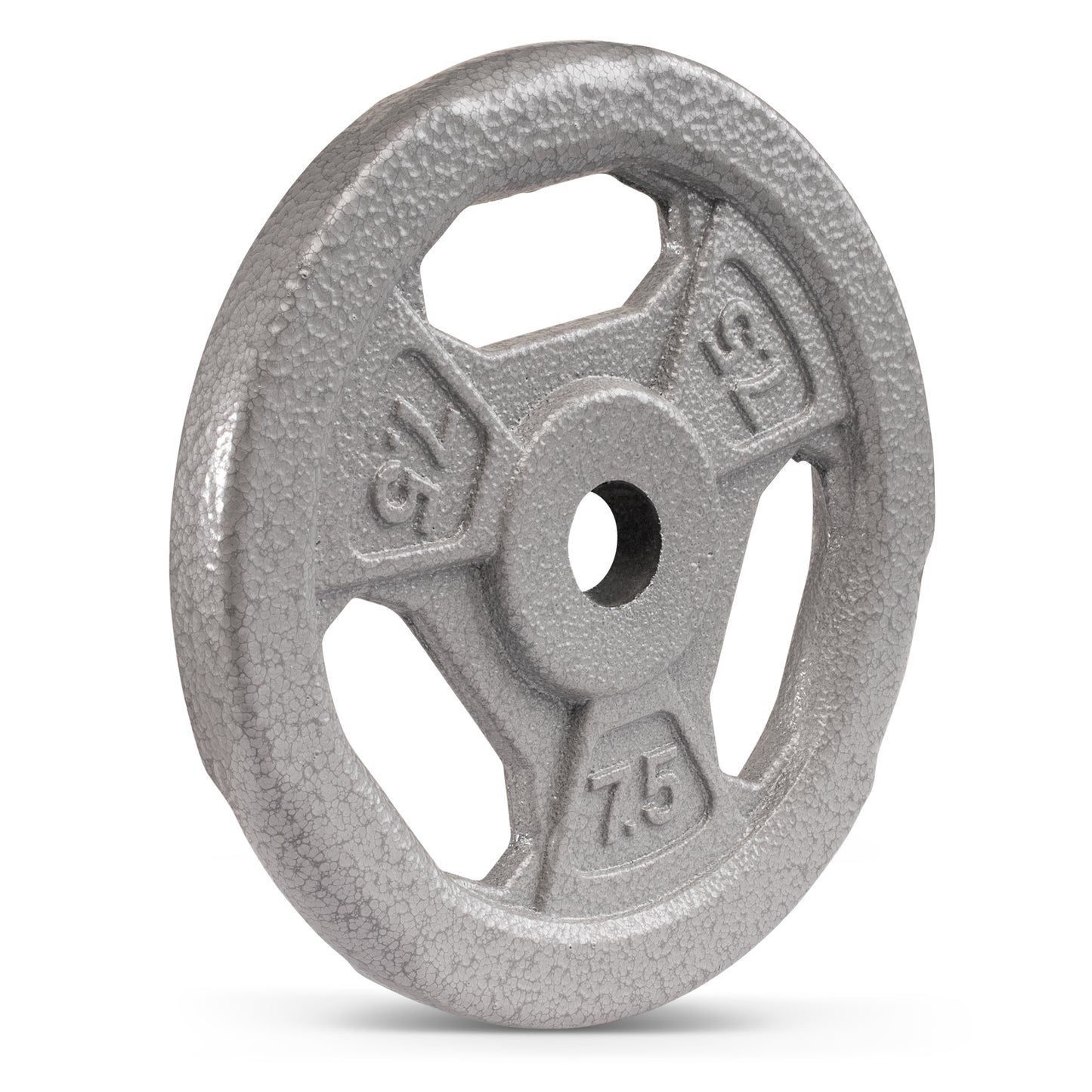 7.5 pound grey Standard Size Grip weight plate with three handle grips.