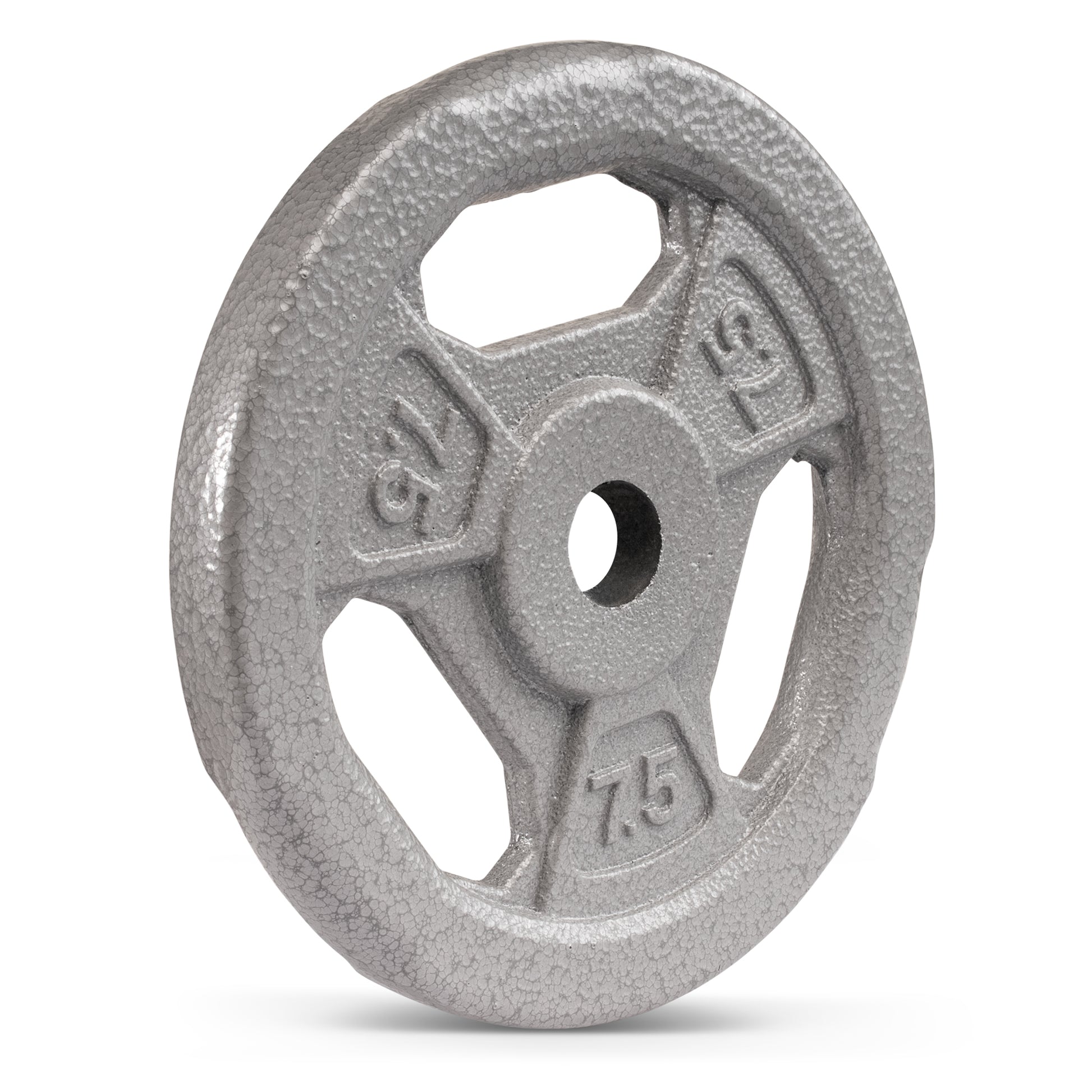 7.5 pound grey Standard Size Grip weight plate with three handle grips.