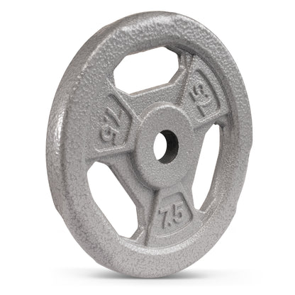 7.5 pound grey Standard Size Grip weight plate with three handle grips.