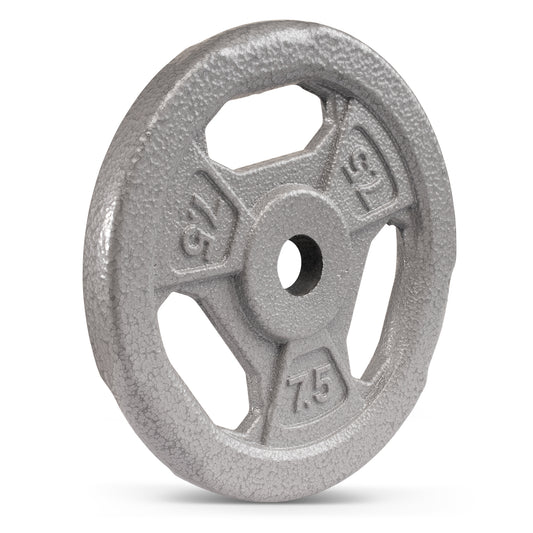 7.5 pound grey Standard Size Grip weight plate with three handle grips.
