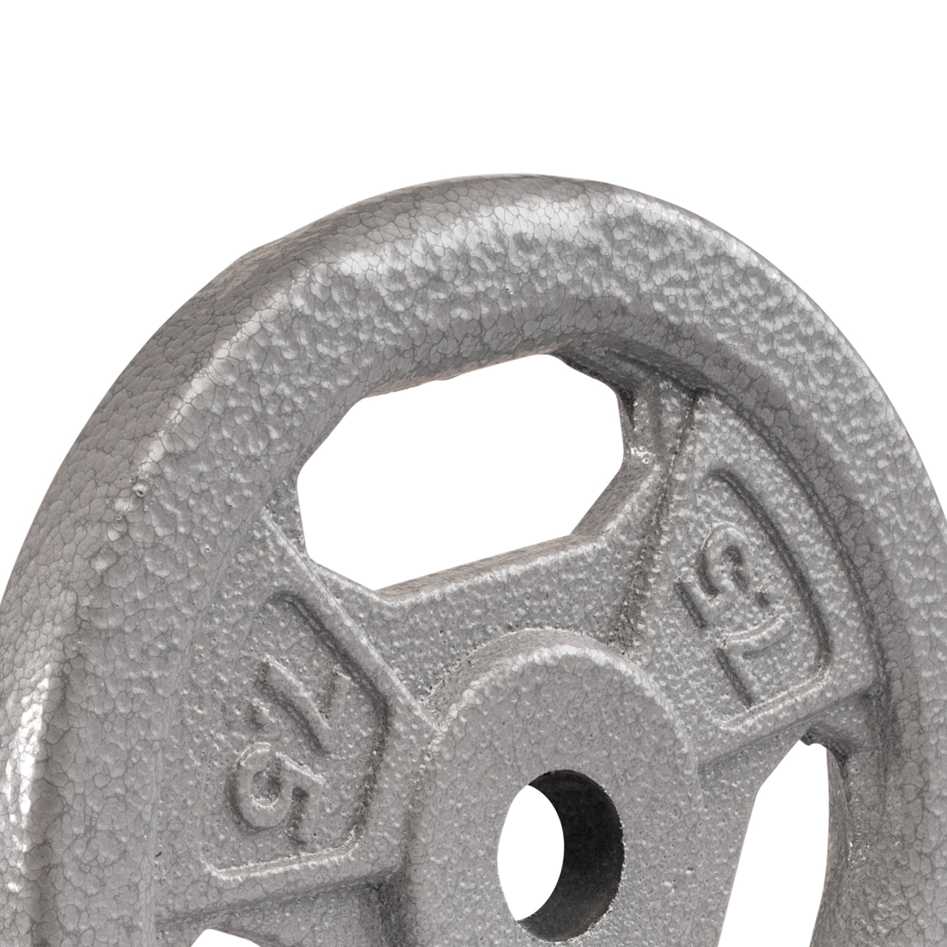 Detail view of the upper portion of a 7.5 lb Standard Size weight Grip Plate with a grey finish and handle cutout.