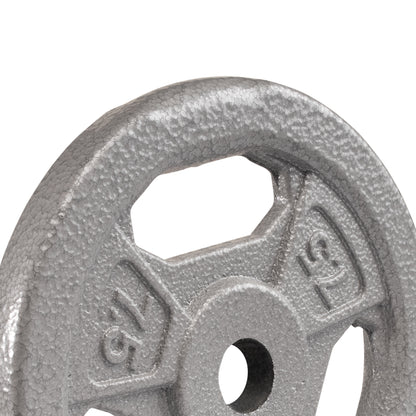 Detail view of the upper portion of a 7.5 lb Standard Size weight Grip Plate with a grey finish and handle cutout.