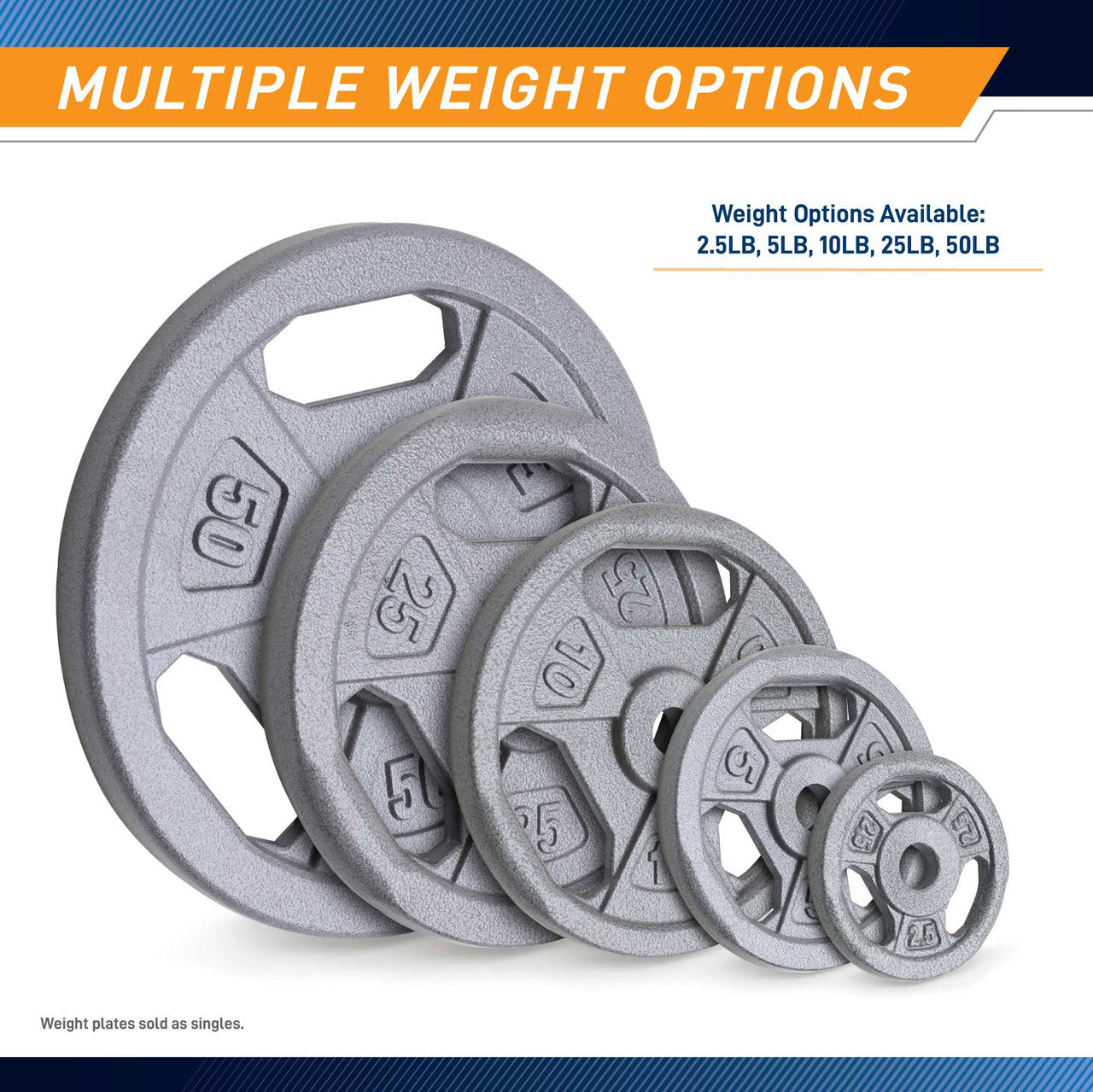 50lb Standard Size Grip Plate  B5G-5550 - Infographic - Multiple Weight Options
