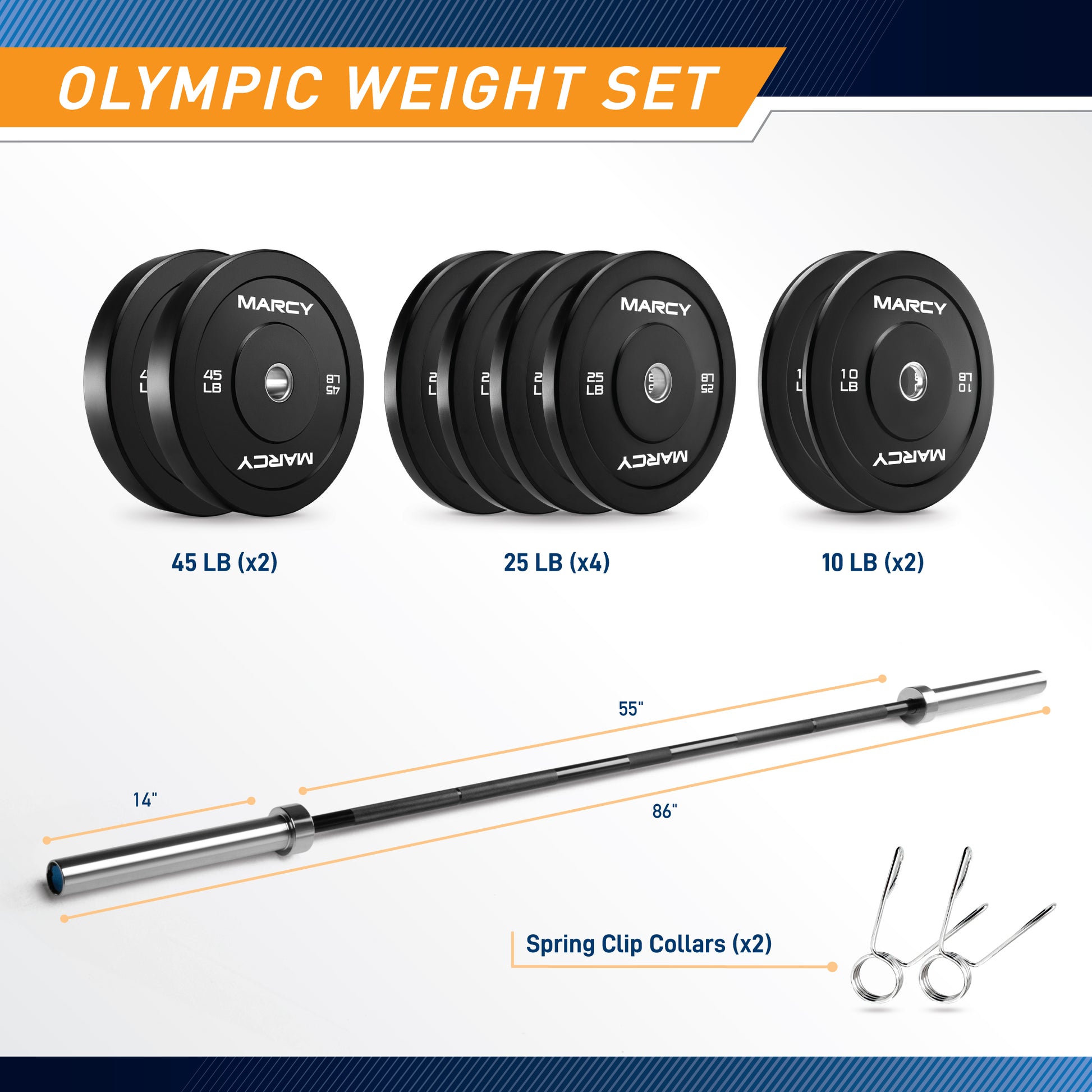 Olympic weight set with Marcy branding on a white background