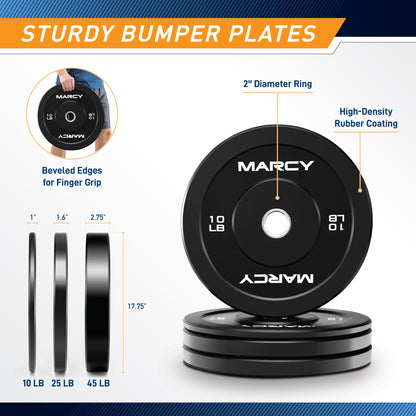 Marcy bumper plates with specifications on a white background