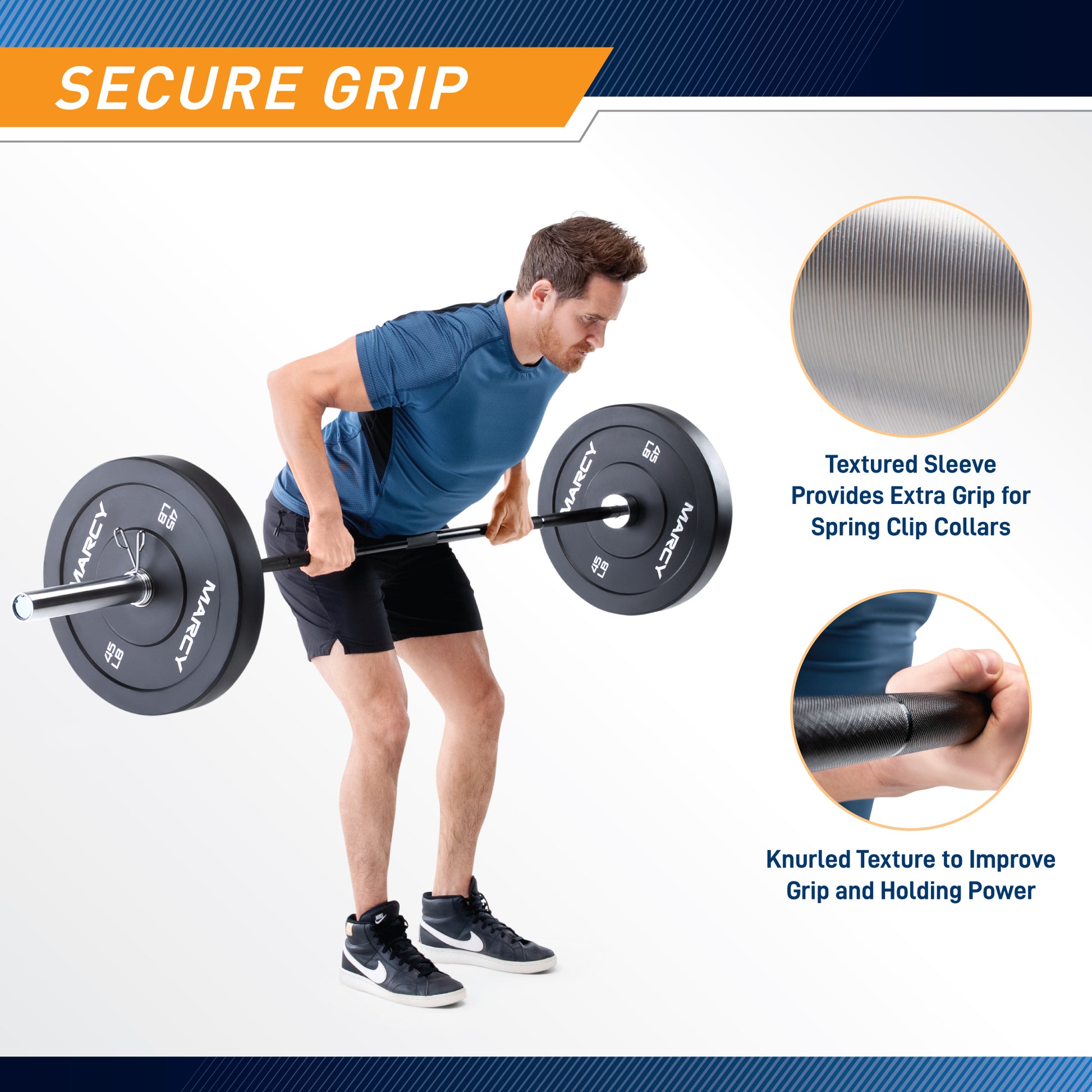 Person lifting a barbell with Marcy branding, highlighting textured sleeve and knurled texture for grip.