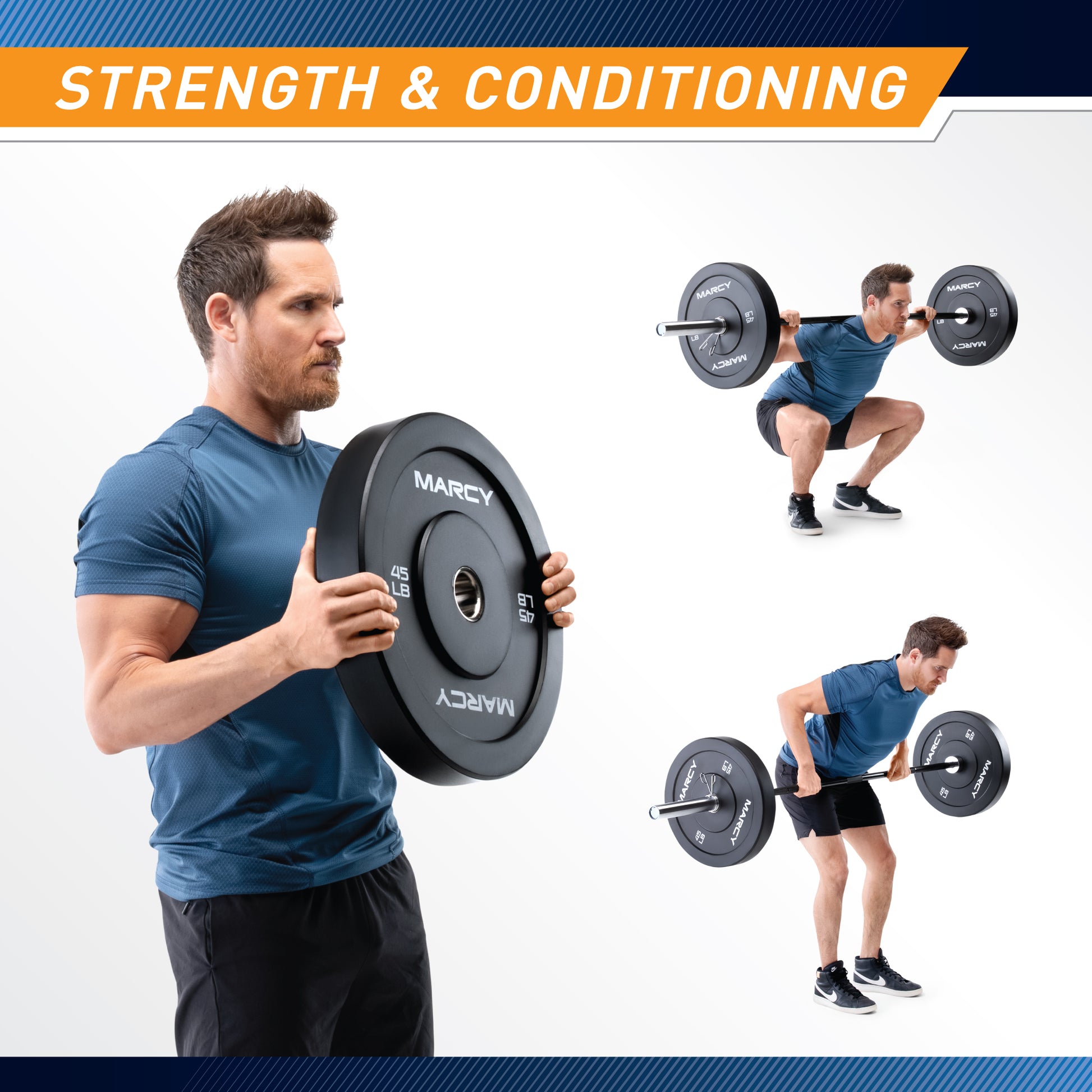 Man holding a barbell with Marcy branding, with additional images of him performing squats on a white background.
