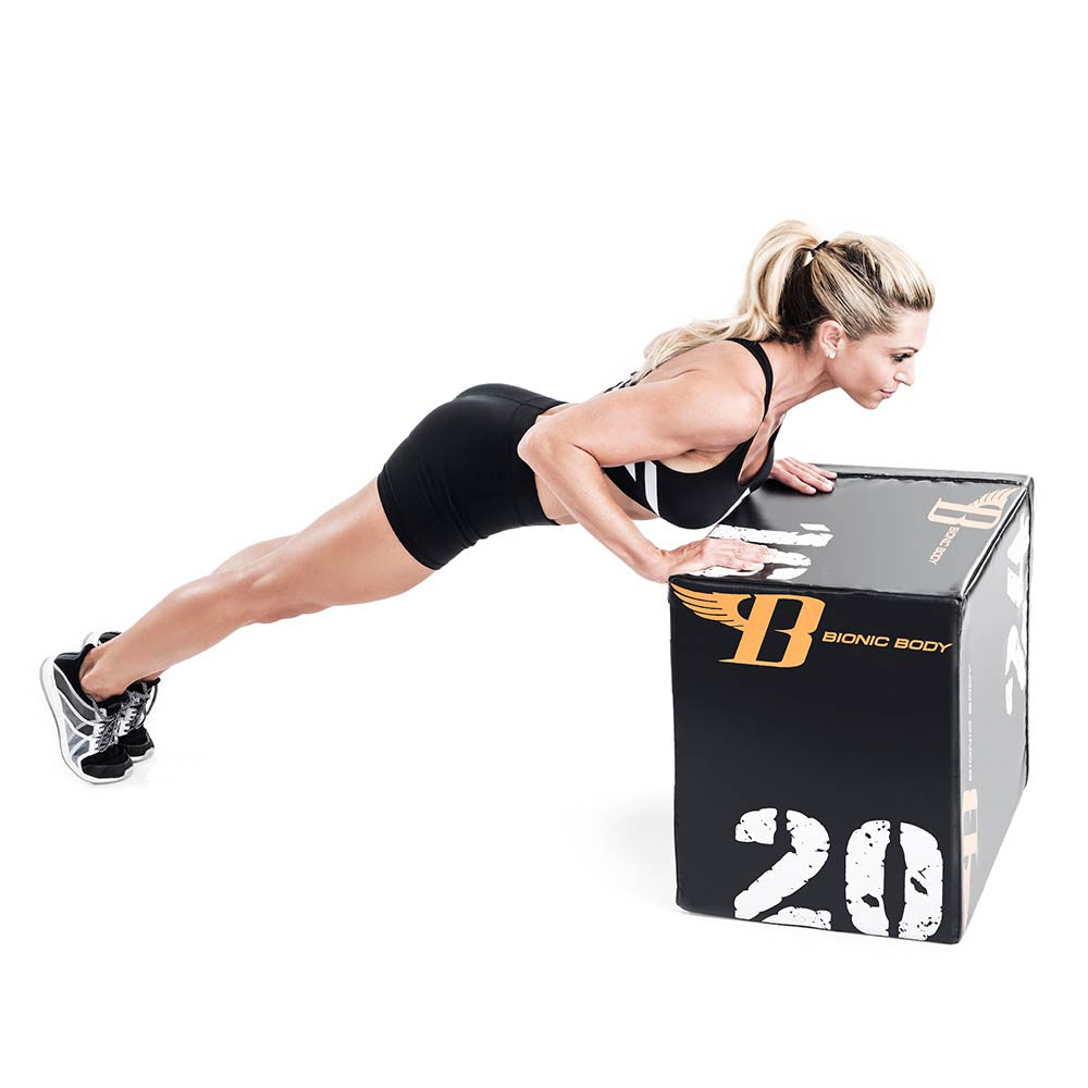 Bionic Body plyo box used by Kim Lyons to do inclined push ups to tone upper body