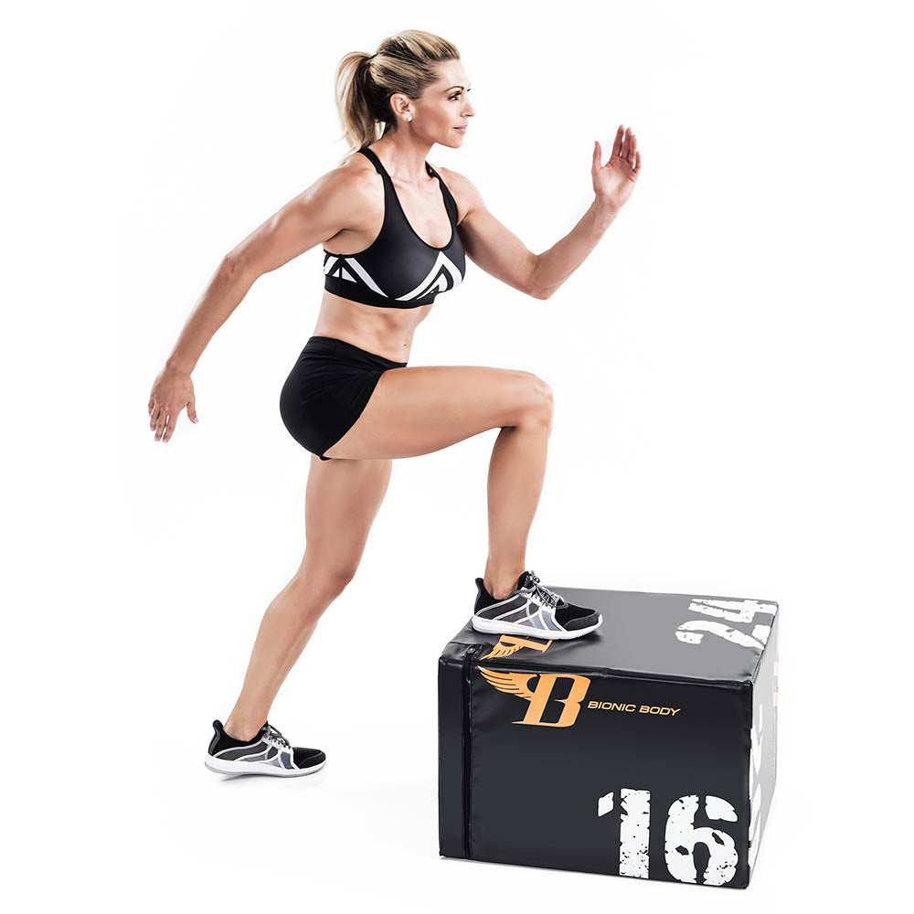 Bionic Body plyo box used by Kim Lyons to do step ups to build lower body strength