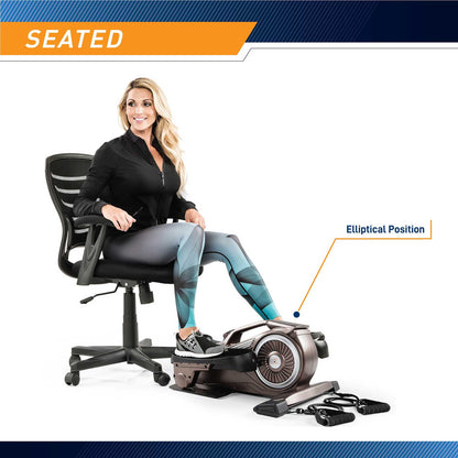 Bionic Body Compact Elliptical Trainer with Resistance Tubes in use by Kim Lyons while sitting
