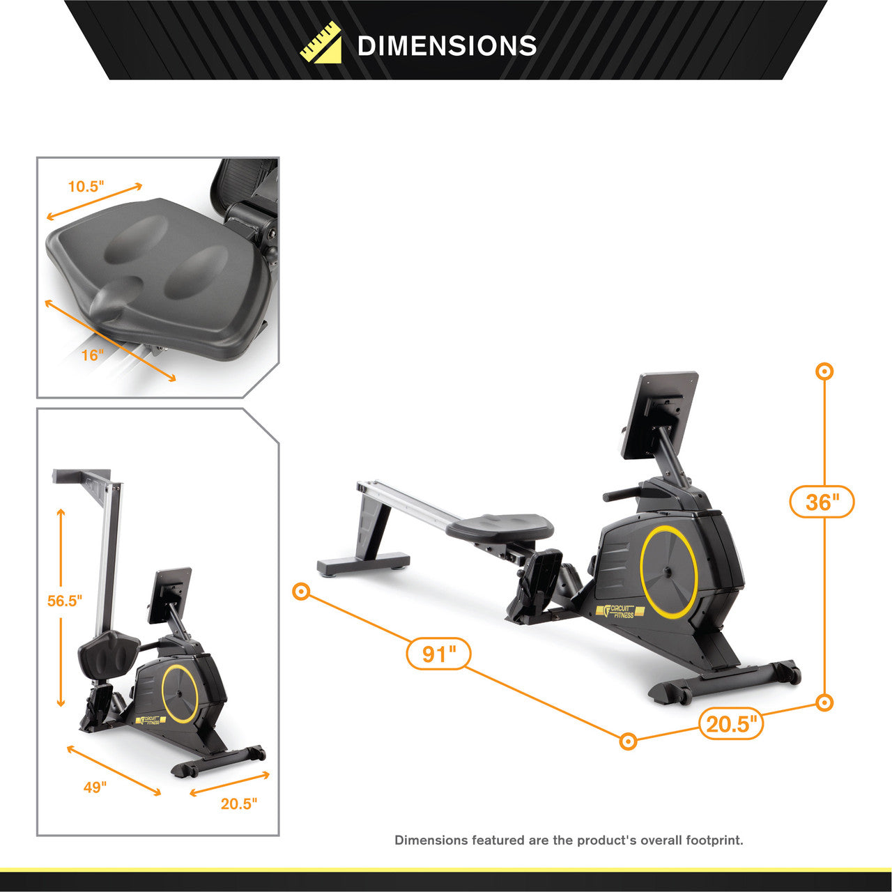 Foldable Magnetic Rowing Machine with Bluetooth  Circuit Fitness AMZ-986RW-BT - Dimensions