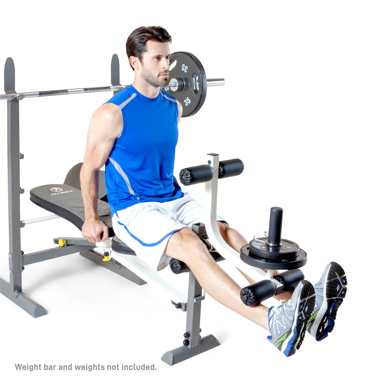 Folding Standard Weight Bench  Marcy MWB-20100 - Model doing Leg Extensions
