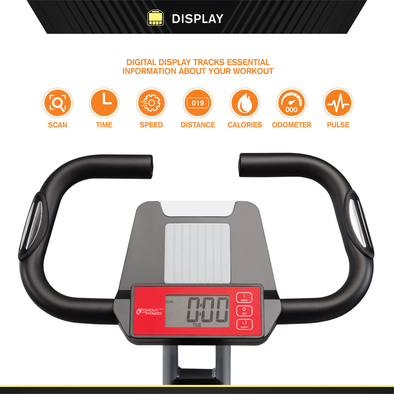 Folding Upright Exercise Bike with Adjustable Resistance  Circuit Fitness AMZ-150BK - Infographic - LCD Display