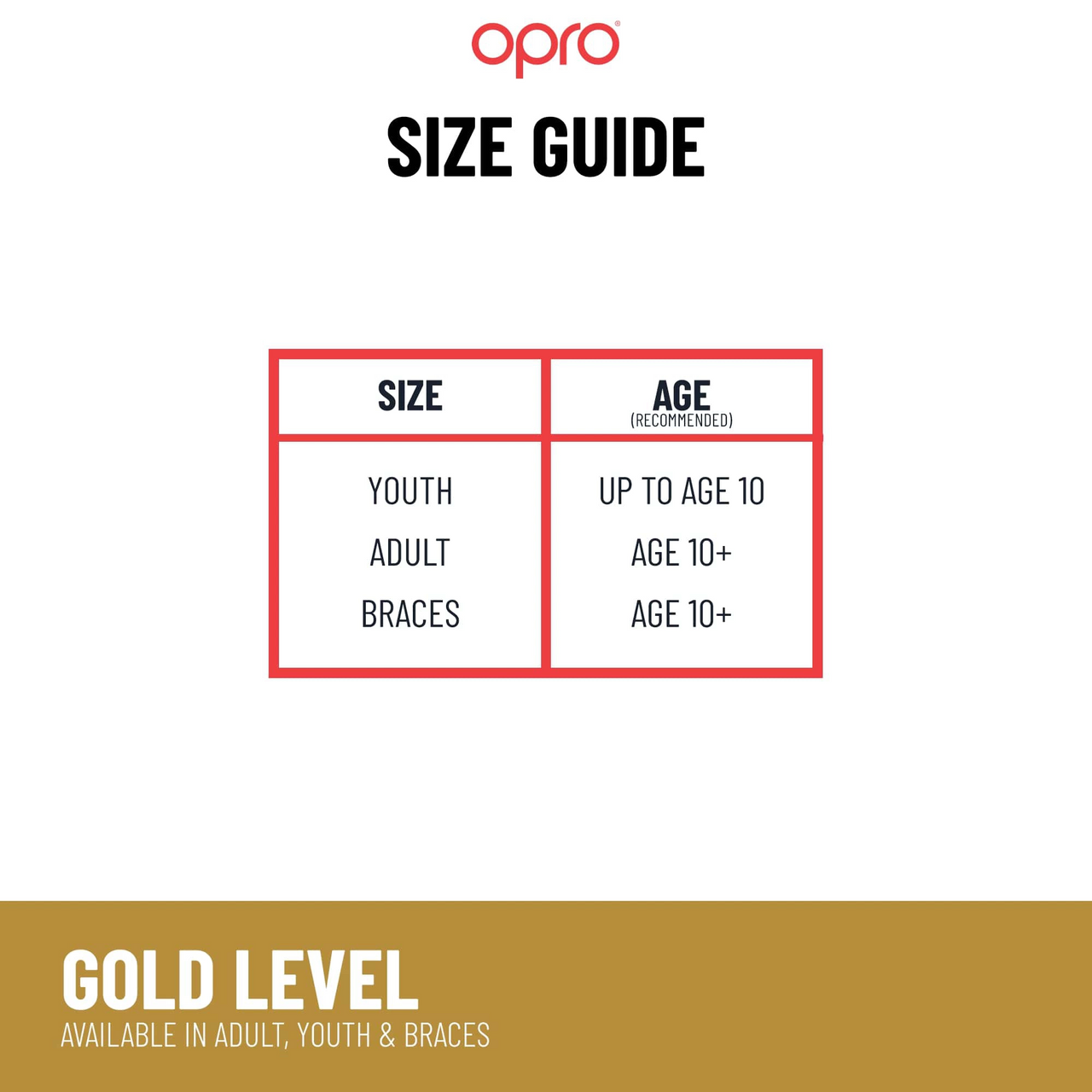 Gold Level Mouthguard with Braces Bumper, Sports Mouth Guard in Adult & Youth Size for Boxing, MMA, Martial Arts, Hockey - Opro by Marcy - Red 102511004 - Size Guide