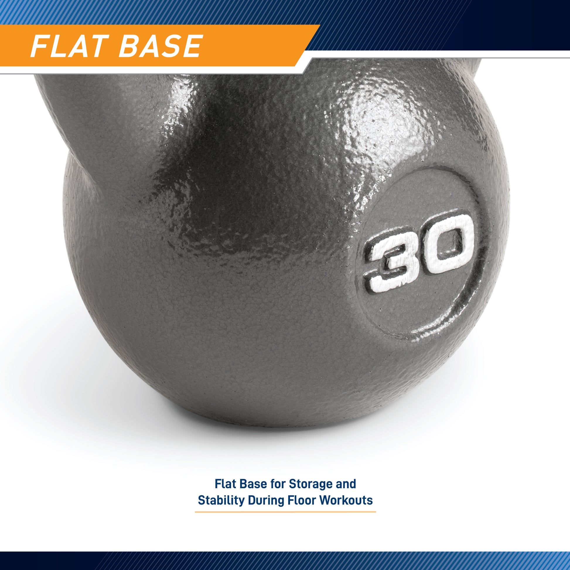 Infographic titled "Flat Base" showing a close-up of the bottom half of the cast iron kettlebell. The weight "30" is embossed in white on the textured grey surface. A label points to the bottom edge, reading "Flat Base for Storage and Stability During Floor Workouts.".