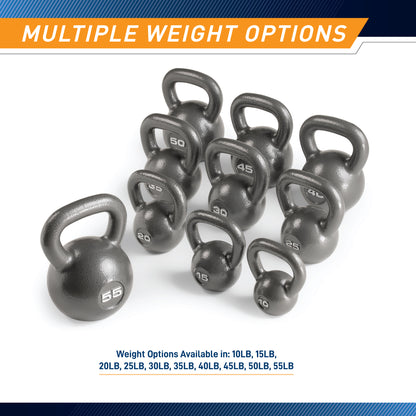Infographic titled "Multiple Weight Options" displaying a group arrangement of ten cast iron kettlebells of increasing size. The frontmost kettlebell is labeled "55," and others show "10," "15," "20," "25," "30," "35," "40," "45," and "50." Text below lists the available options: "10LB, 15LB, 20LB, 25LB, 30LB, 35LB, 40LB, 45LB, 50LB, 55LB."