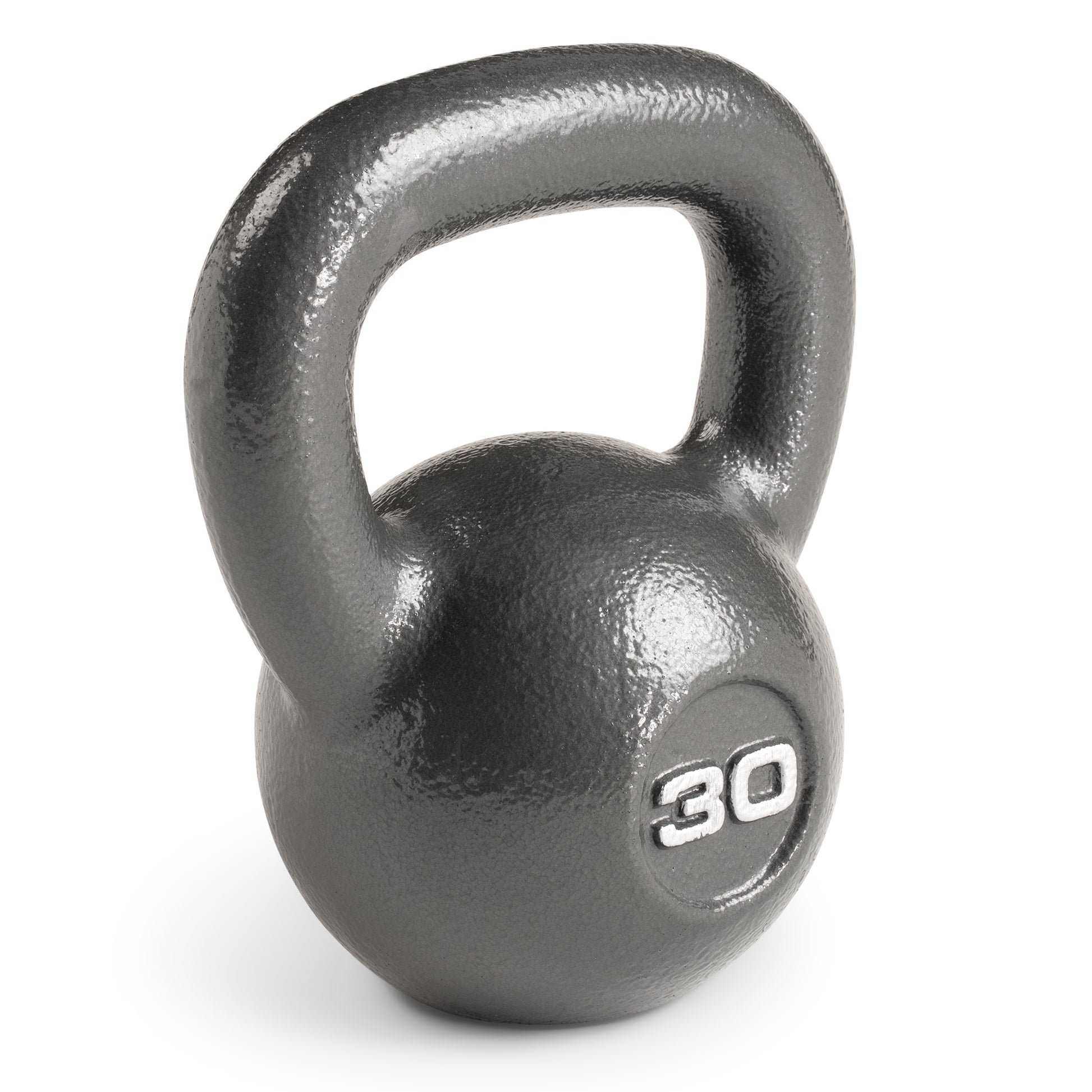 Studio shot of a heavy-duty cast iron Marcy 30lb Hammertone kettlebell with a textured grey finish. The weight "30" is embossed in white on the front of the spherical body, which features a wide loop handle at the top.
