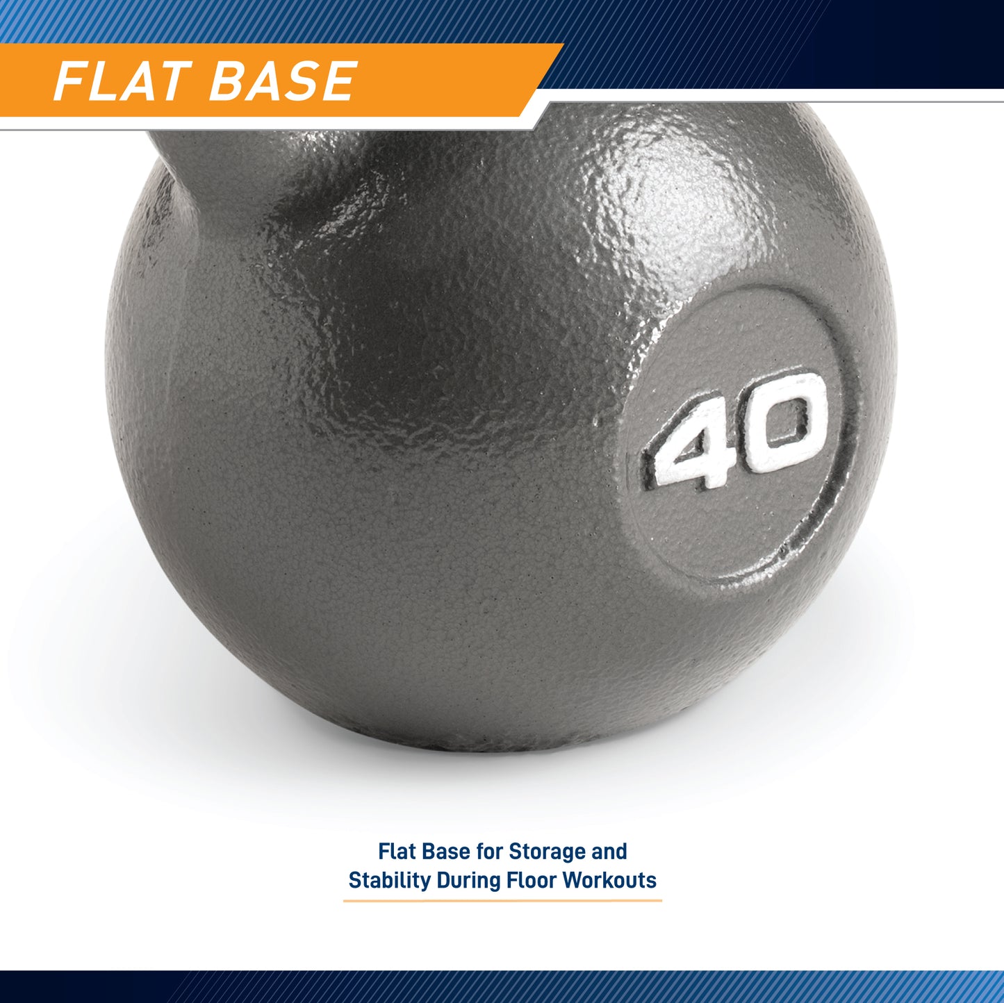 Infographic titled "Flat Base" showing a close-up of the bottom half of the cast iron kettlebell. The weight "40" is embossed in white on the textured grey surface. A label points to the bottom edge, reading "Flat Base for Storage and Stability During Floor Workouts.".