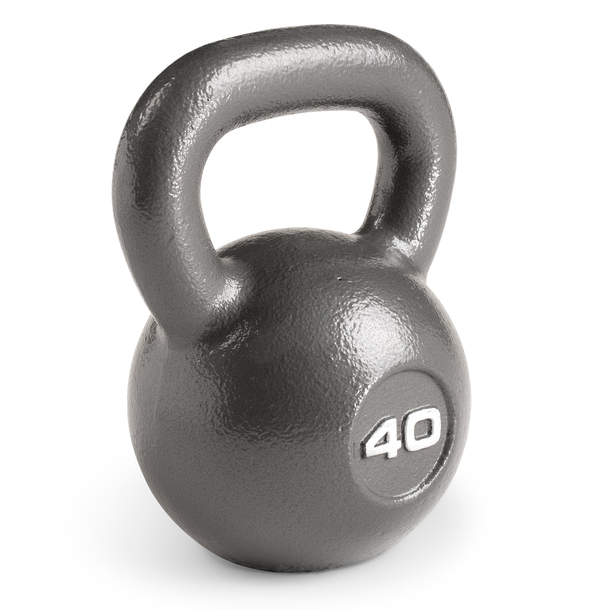 Studio shot of Marcy 40lb Hammertone Kettlebell | HKB-040 with a textured grey finish. The weight "40" is embossed in white on the front of the spherical body, which features a wide loop handle at the top.