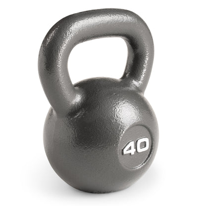 Studio shot of Marcy 40lb Hammertone Kettlebell | HKB-040 with a textured grey finish. The weight "40" is embossed in white on the front of the spherical body, which features a wide loop handle at the top.