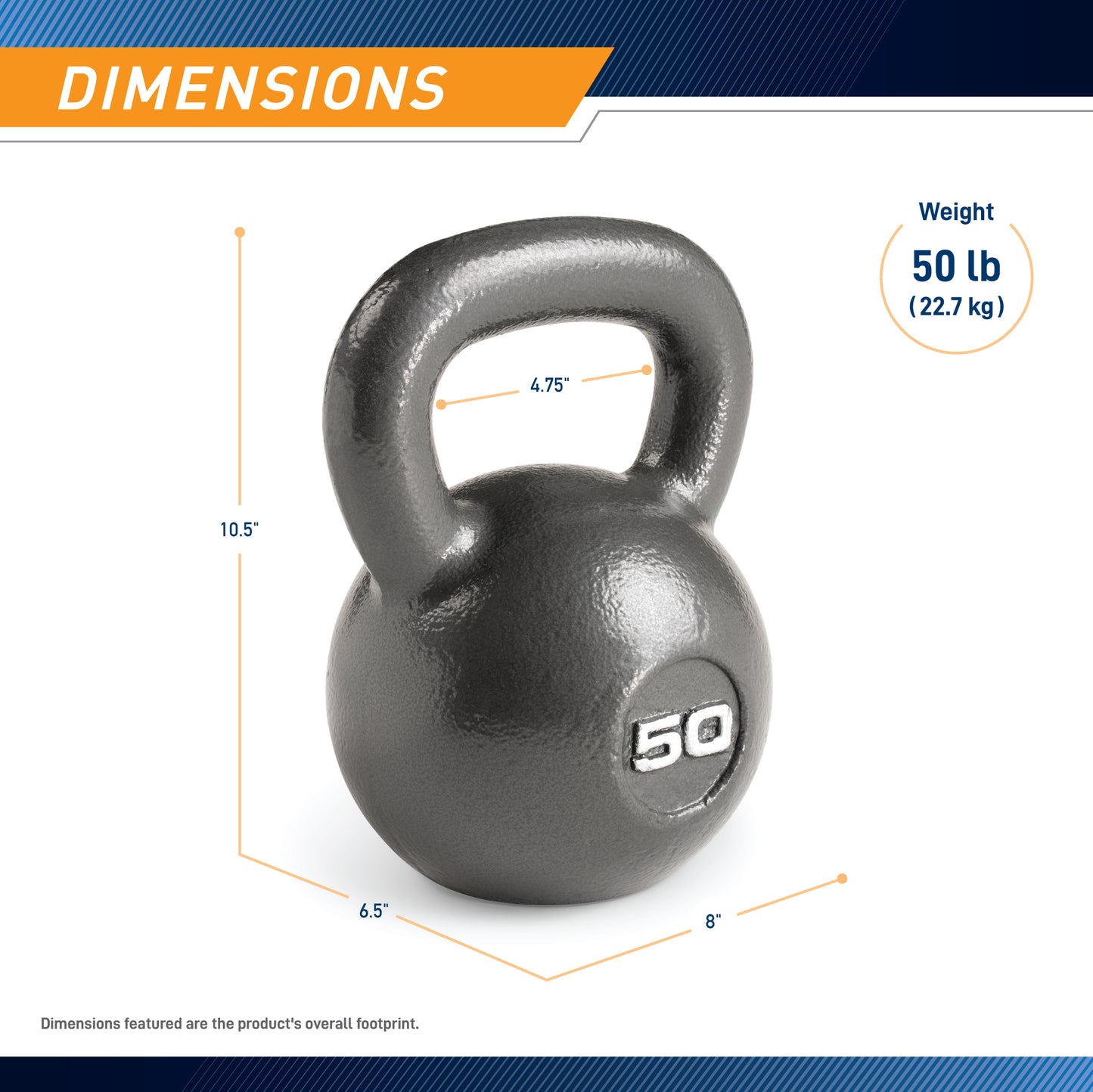 Dimension graphic for a 50 lb hammertone kettlebell. The overall height is labeled 10.5 inches, and the internal handle width is 4.75 inches. The spherical body measures 8 inches in width and 6.5 inches in depth. A circular badge confirms the weight as "50 lb (22.7 kg).".