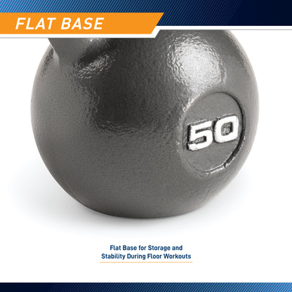 Infographic titled "Flat Base" showing a close-up of the bottom half of the cast iron kettlebell. The weight "50" is embossed in white on the textured grey surface. A label points to the bottom edge, reading "Flat Base for Storage and Stability During Floor Workouts."