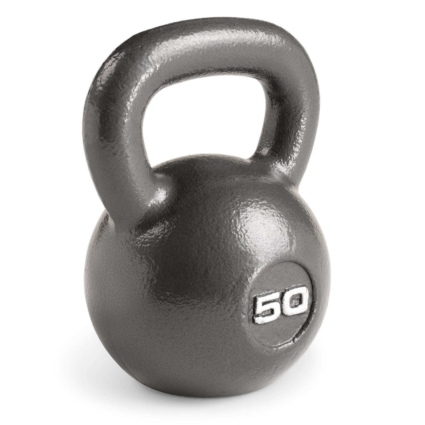 Studio shot of a heavy-duty cast iron Marcy 50lb Hammertone Kettlebell with a textured grey finish. The weight "50" is embossed in white on the front of the spherical body, which features a wide loop handle at the top.
