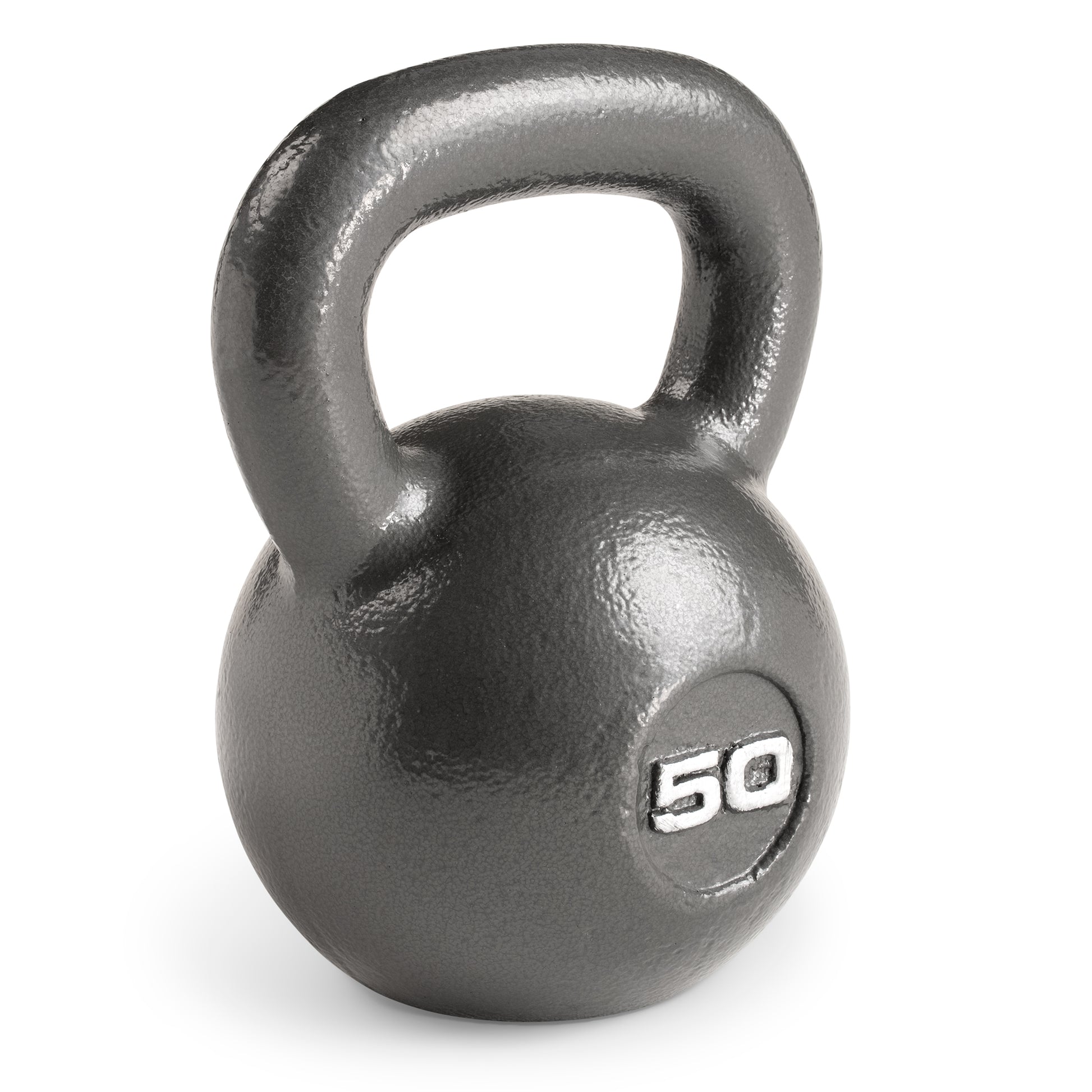 Studio shot of a heavy-duty cast iron Marcy 50lb Hammertone Kettlebell with a textured grey finish. The weight "50" is embossed in white on the front of the spherical body, which features a wide loop handle at the top.