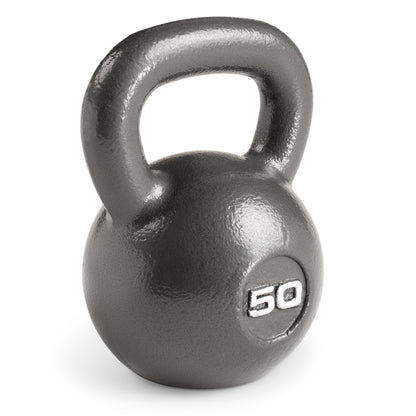 Studio shot of a heavy-duty cast iron Marcy 50lb Hammertone Kettlebell with a textured grey finish. The weight "50" is embossed in white on the front of the spherical body, which features a wide loop handle at the top.