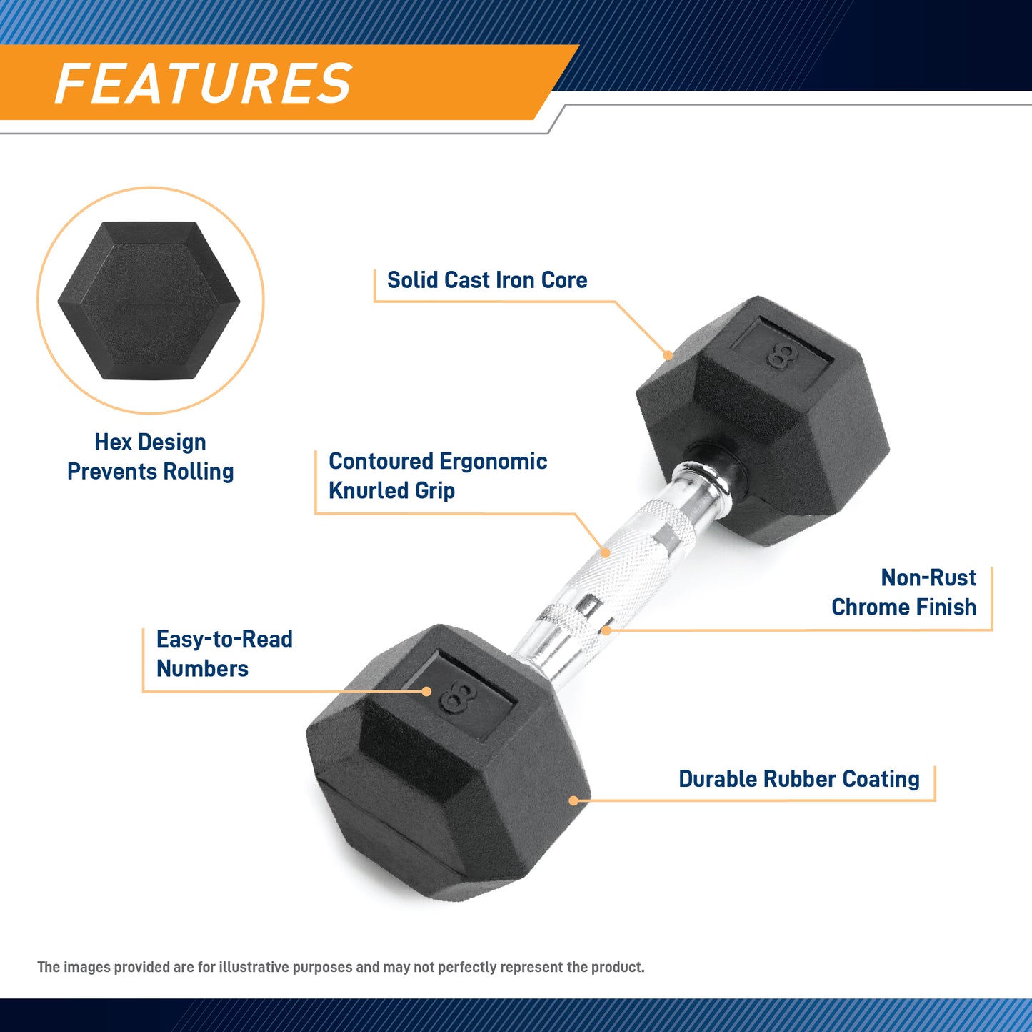Marcy 8lb Rubber Hex Dumbbell | IBRH-008