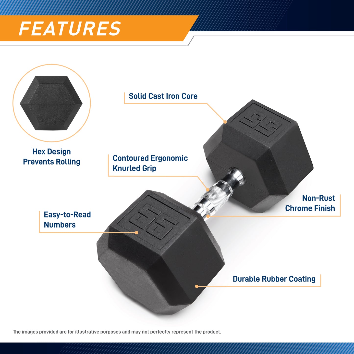 Marcy 55lb Rubber Hex Dumbbell | IBRH-055