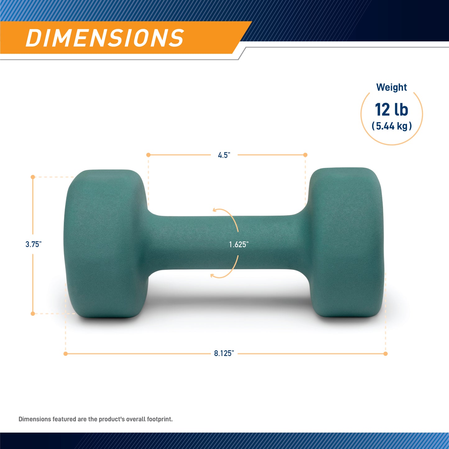Dimensions infographic for Dimensions infographic for a Marcy Neoprene 12 lb (5.44 kg) teal dumbbell INE-012 showing a total length of 8.125 inches, head height of 3.75 inches, handle length of 4.5 inches, and handle diameter of 1.625 inches.